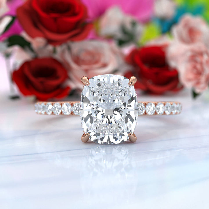 U cut french Pave set Hidden Halo Cushion Diamond Engagement Ring 14k White Gold