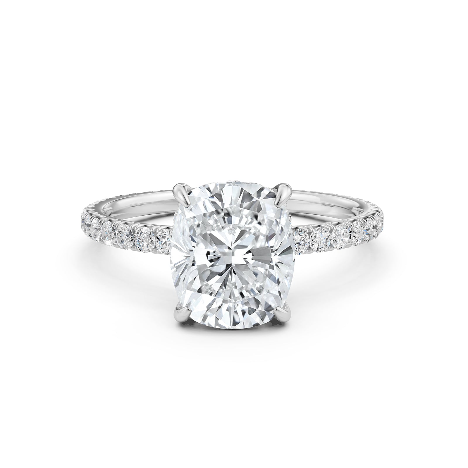 U cut french Pave set Hidden Halo Cushion Diamond Engagement Ring 14k White Gold