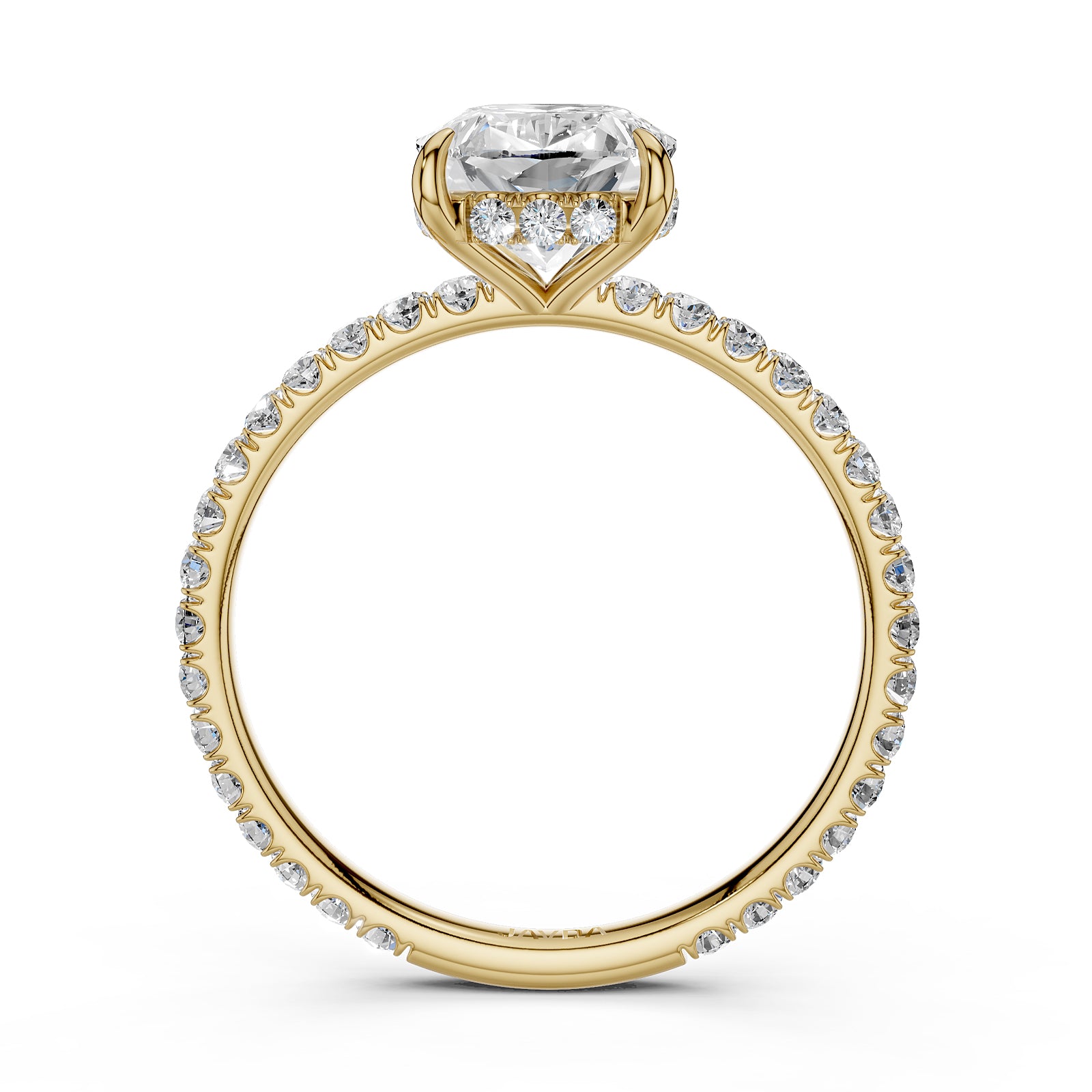 U cut french Pave set Hidden Halo Cushion Diamond Engagement Ring 14k White Gold