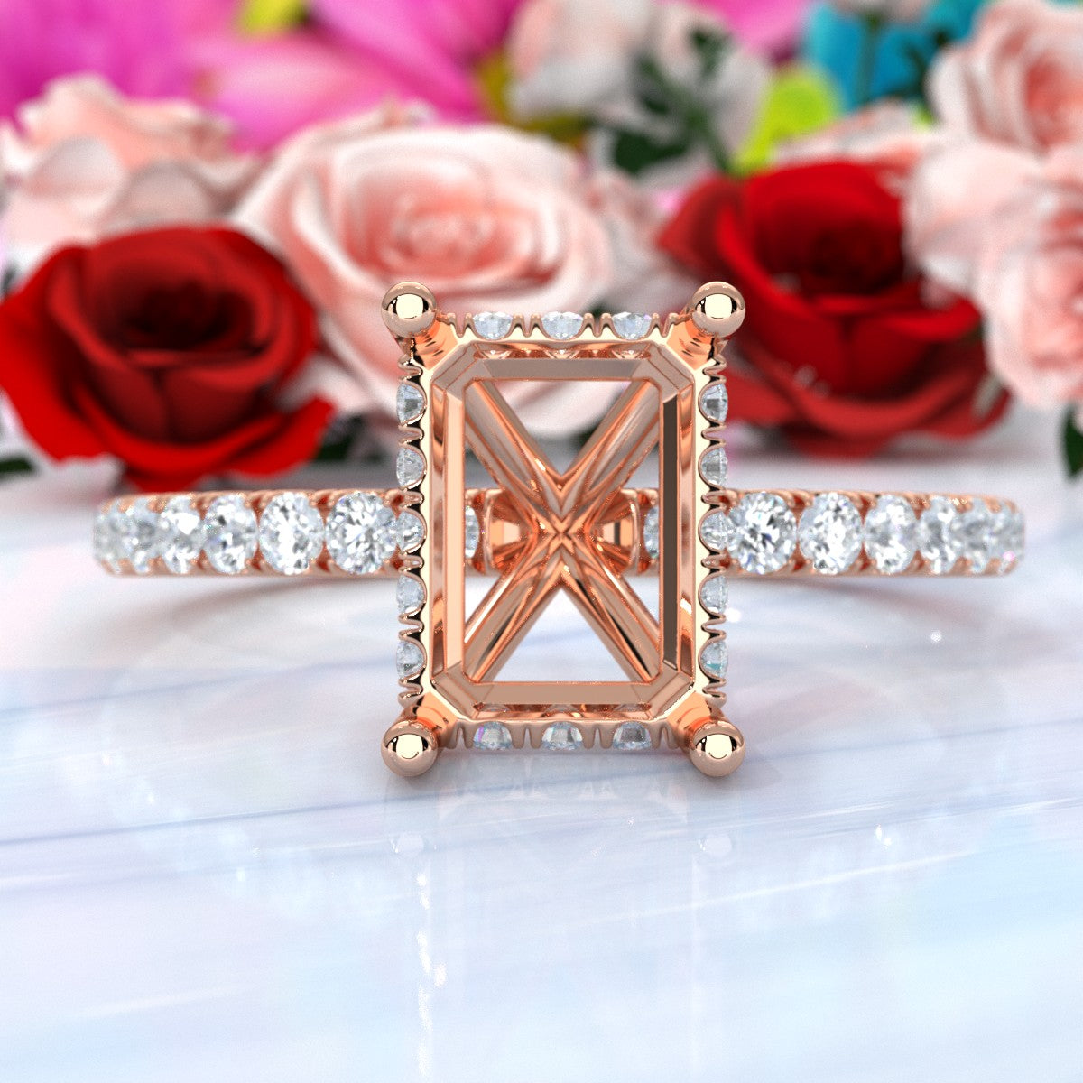 U Pave Set Hidden Halo Semi Mount Lab Grown Diamond Engagement Ring 0.48 Ct.