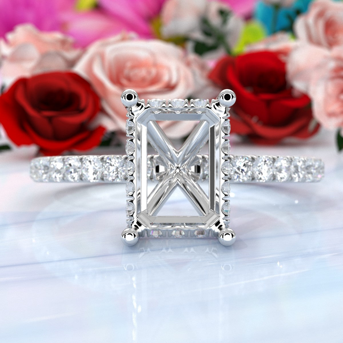 U Pave Set Hidden Halo Semi Mount Lab Grown Diamond Engagement Ring 0.48 Ct.