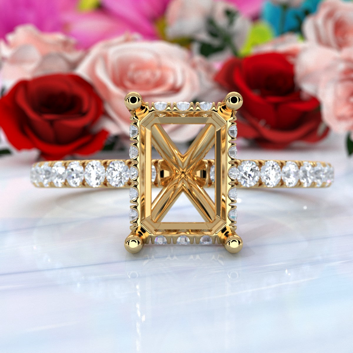 U Pave Set Hidden Halo Semi Mount Lab Grown Diamond Engagement Ring 0.48 Ct.