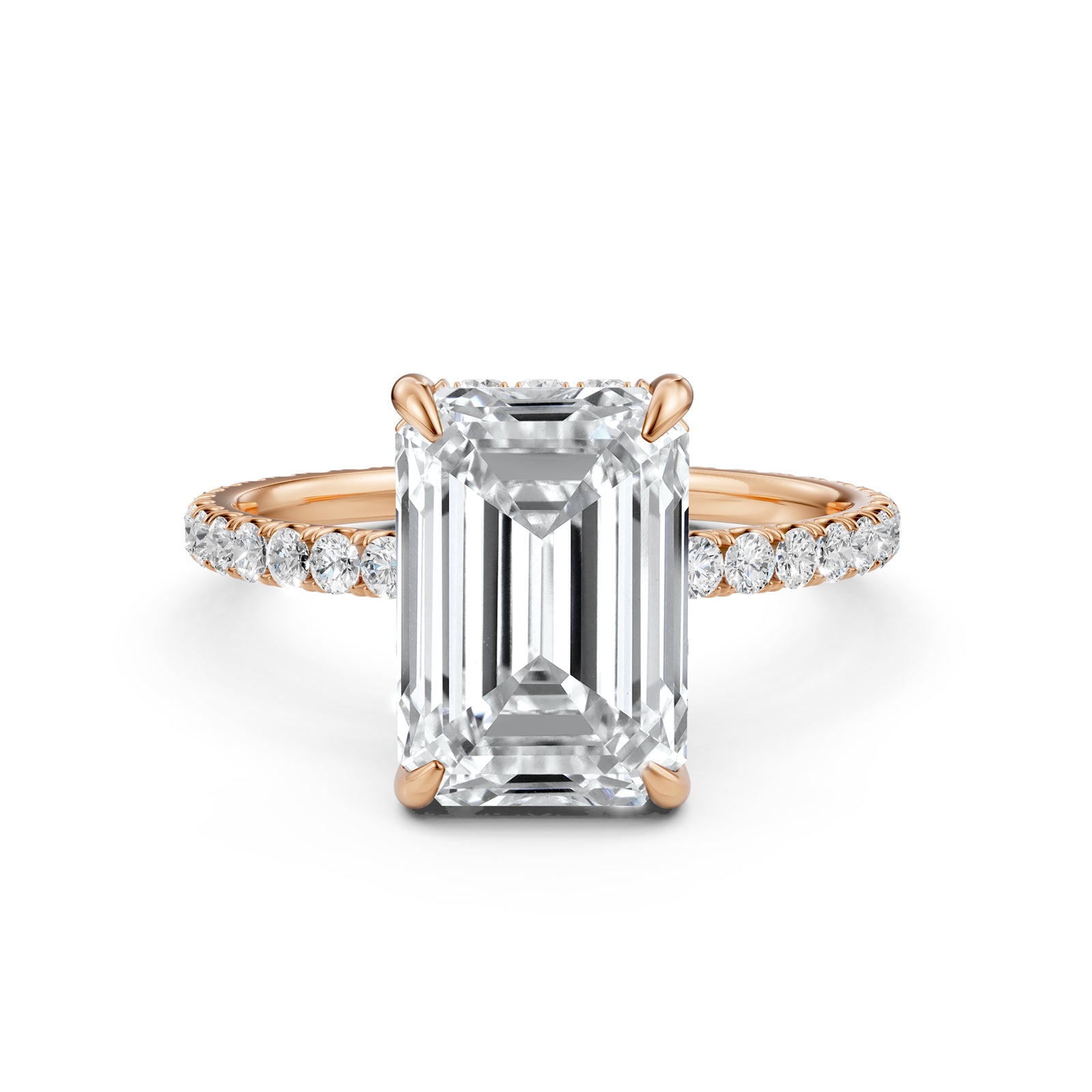 U cut french Pave set Hidden Halo Emerald Diamond Engagement Ring 14k White Gold