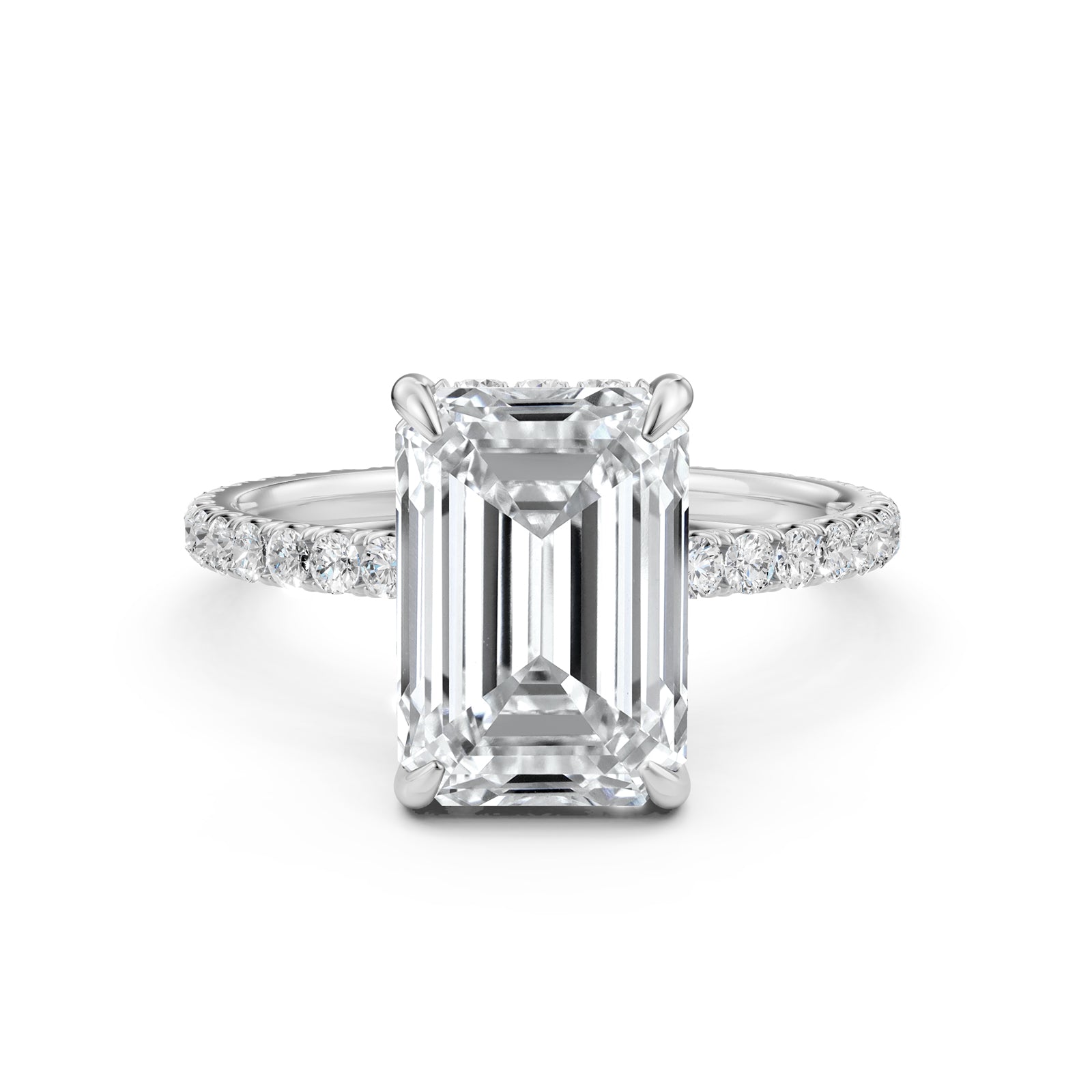 U cut french Pave set Hidden Halo Emerald Diamond Engagement Ring 14k White Gold