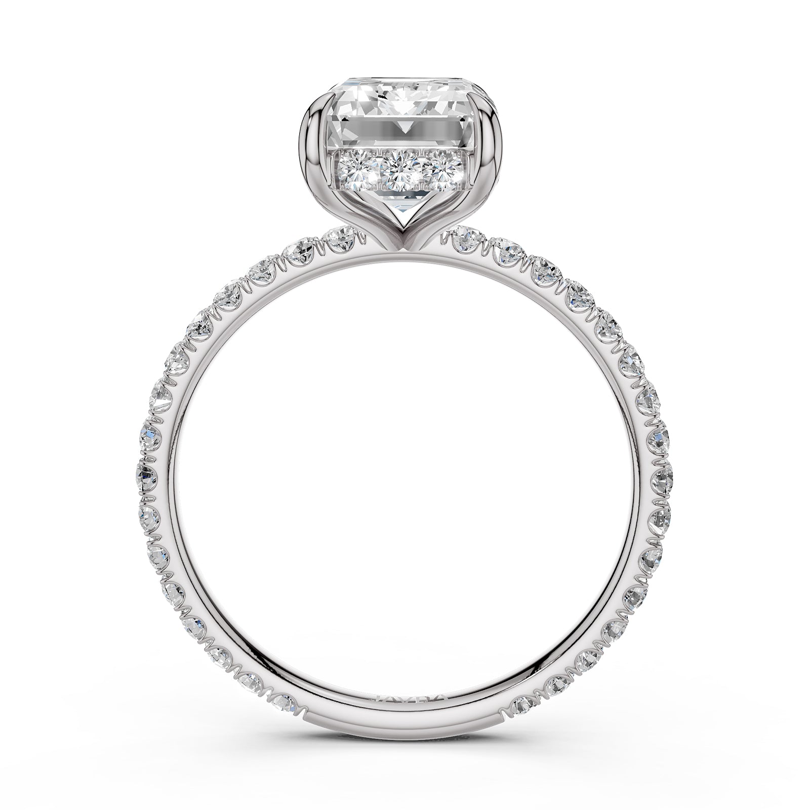 U cut french Pave set Hidden Halo Emerald Diamond Engagement Ring 14k White Gold