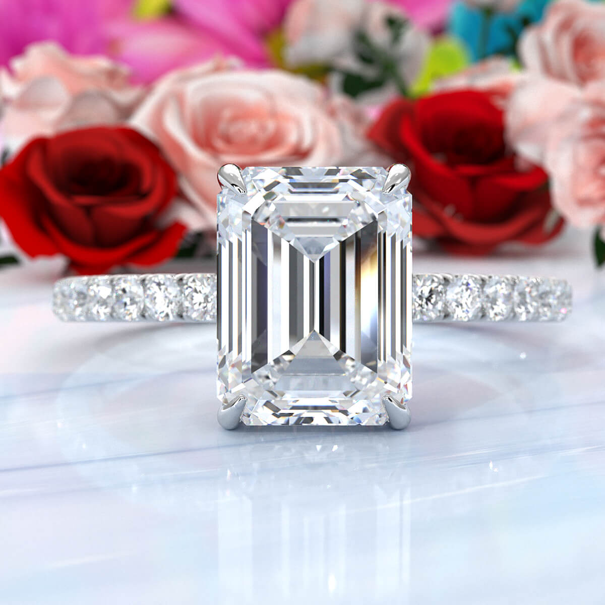 U cut french Pave set Hidden Halo Emerald Diamond Engagement Ring 14k White Gold