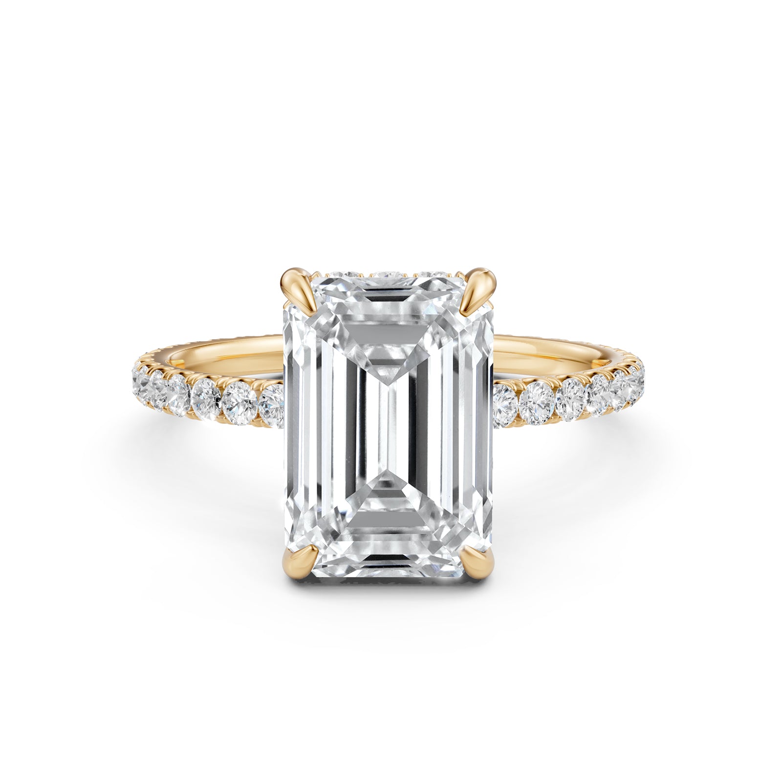 U cut french Pave set Hidden Halo Emerald Diamond Engagement Ring 14k White Gold