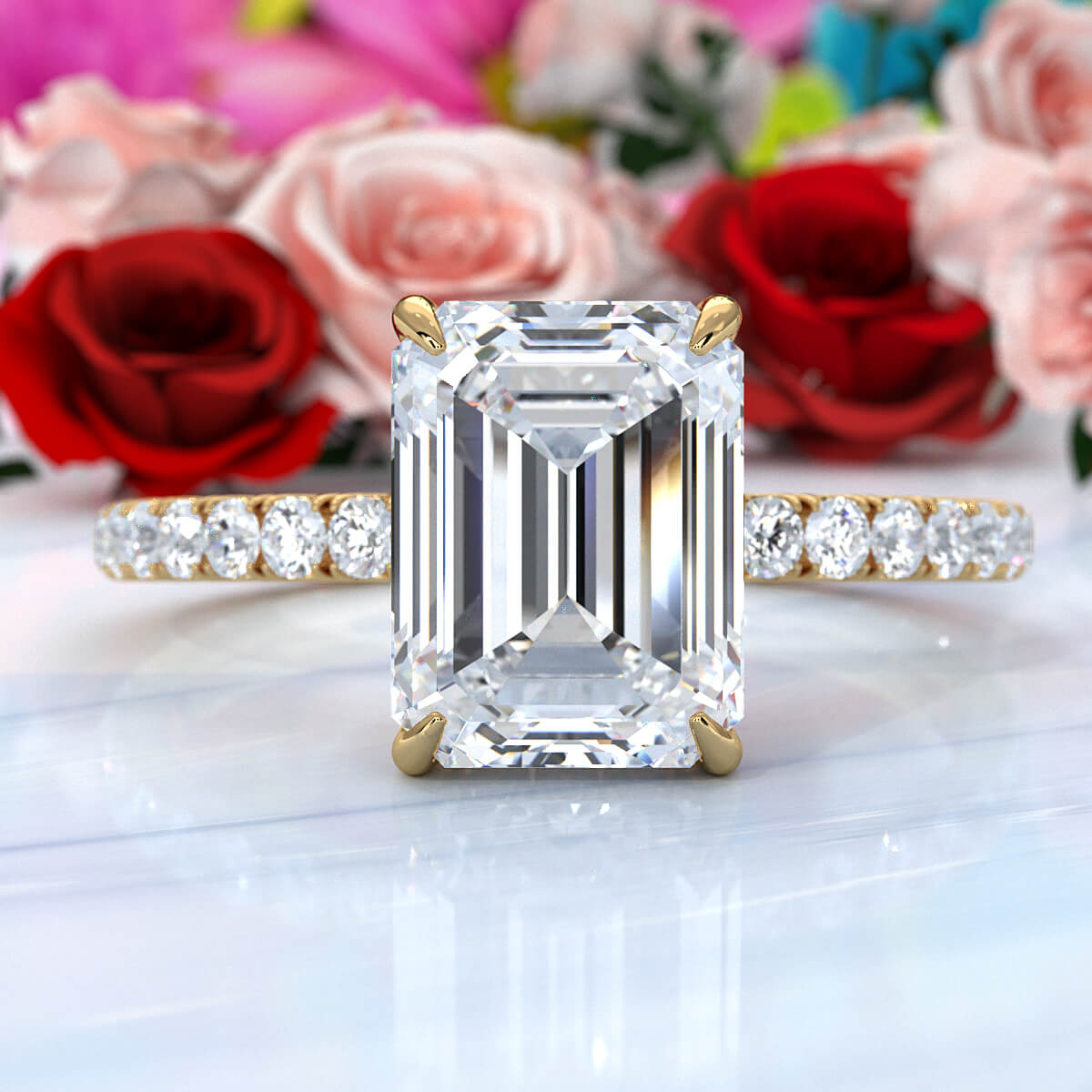 U cut french Pave set Hidden Halo Emerald Diamond Engagement Ring 14k White Gold