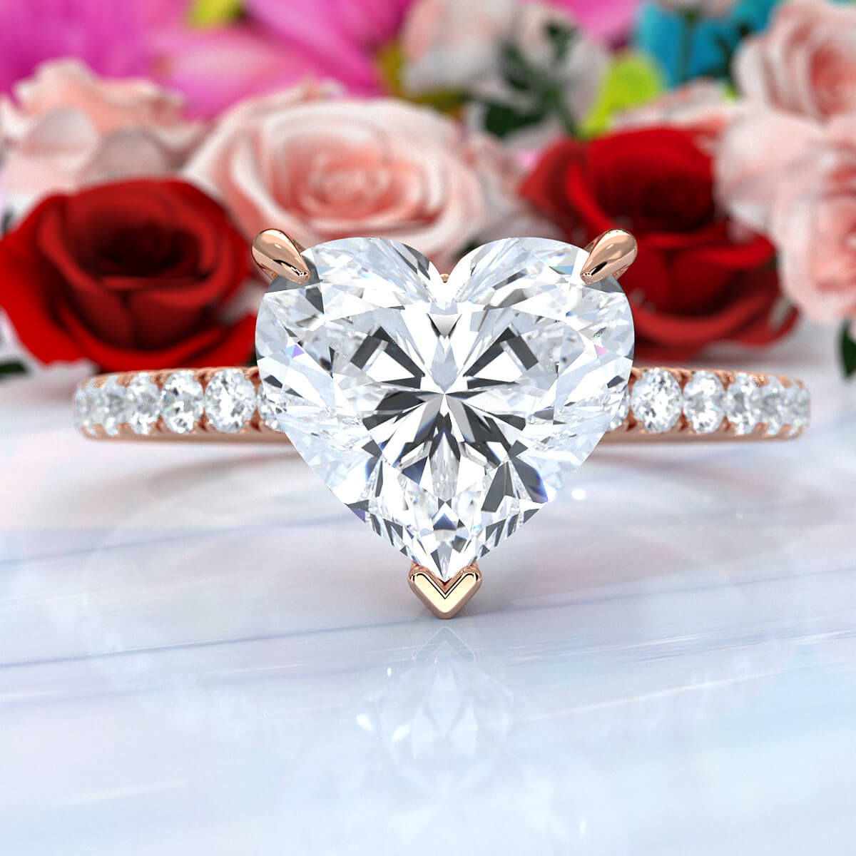 U cut french Pave set Hidden Halo Heart Diamond Engagement Ring 14k White Gold