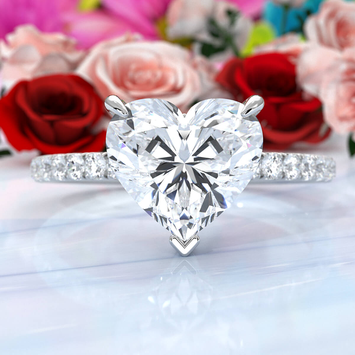 U cut french Pave set Hidden Halo Heart Diamond Engagement Ring 14k White Gold