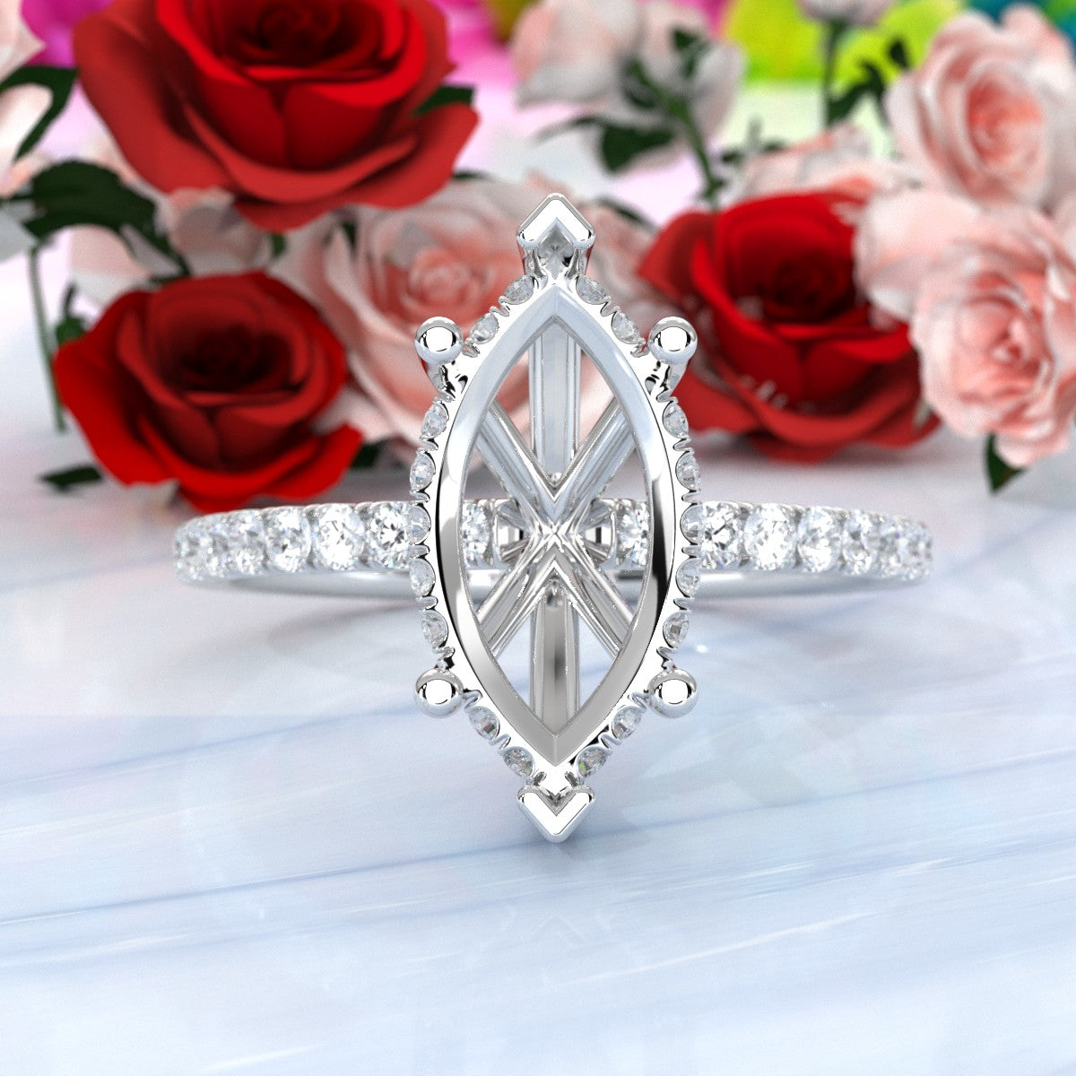 U Pave Set Hidden Halo Semi Mount Lab Grown Diamond Engagement Ring 0.48 Ct.