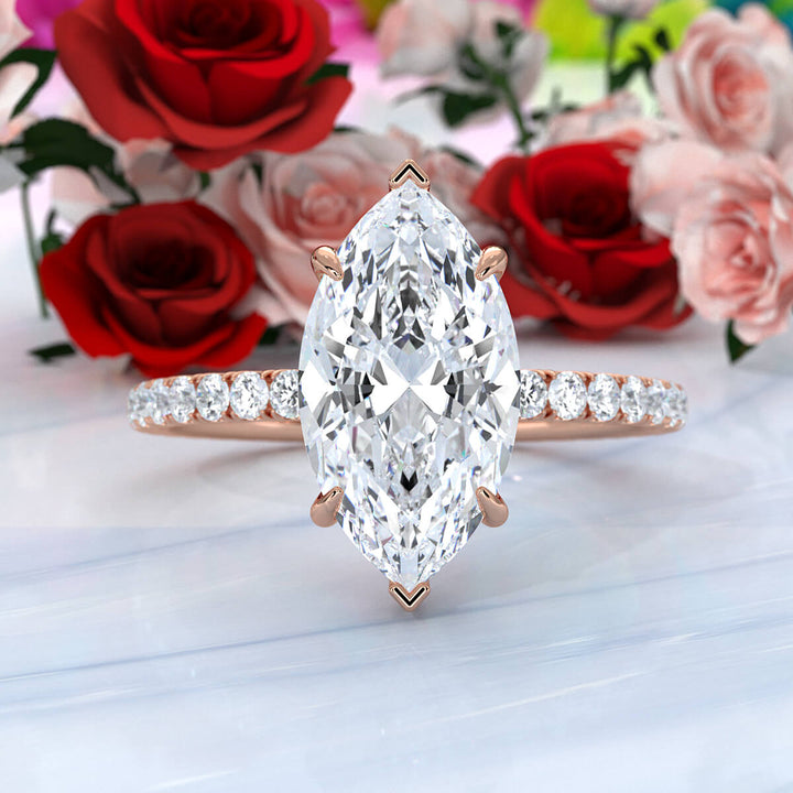 U cut french Pave set Hidden Halo Marquise Diamond Engagement Ring 14k White Gold