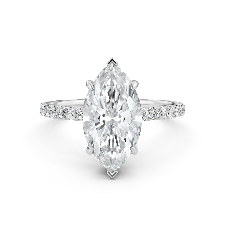 U cut french Pave set Hidden Halo Marquise Diamond Engagement Ring 14k White Gold