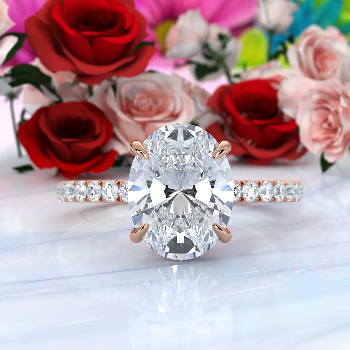 U cut french Pave set Hidden Halo Oval Diamond Engagement Ring 14k White Gold