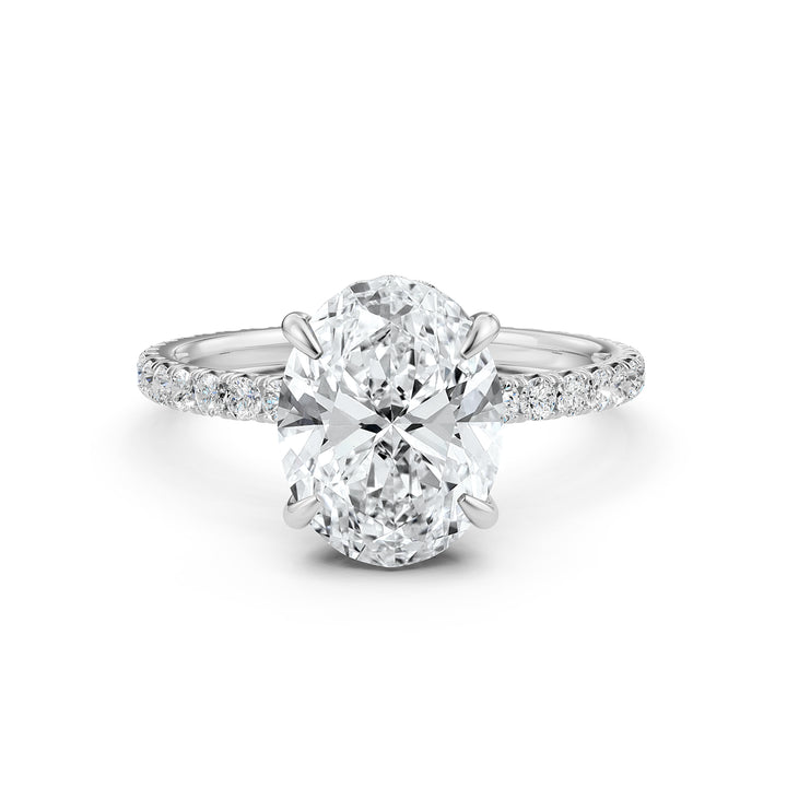 U cut french Pave set Hidden Halo Oval Diamond Engagement Ring 14k White Gold