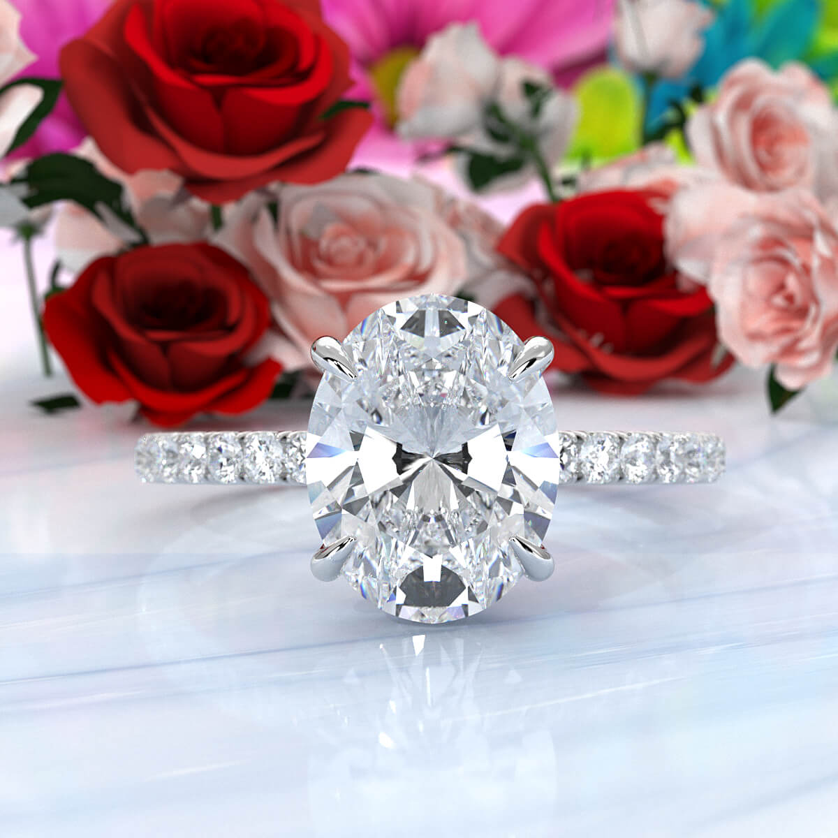 U cut french Pave set Hidden Halo Oval Diamond Engagement Ring 14k White Gold