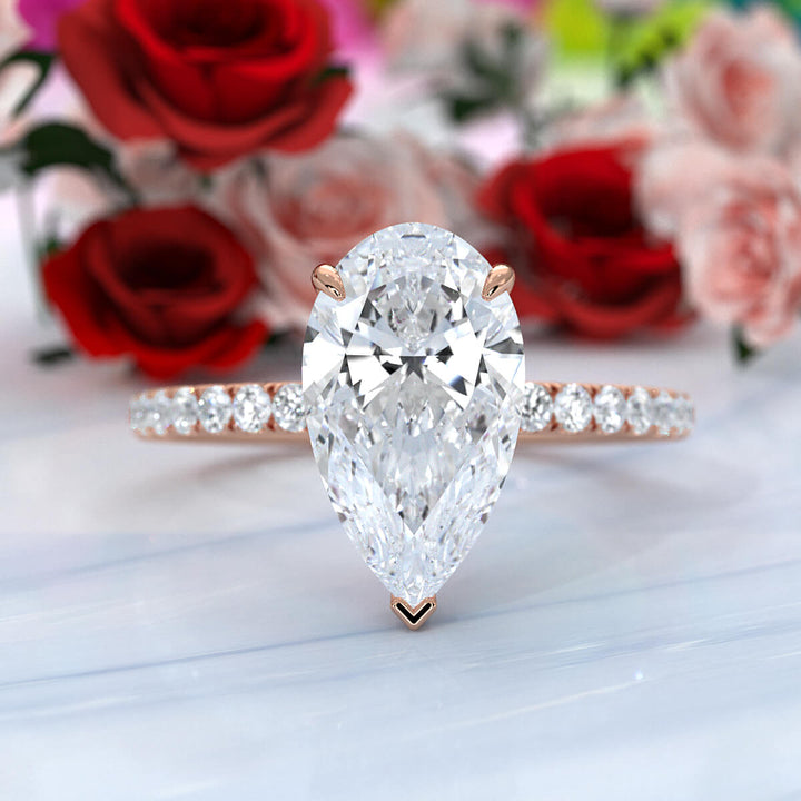 U cut french Pave set Hidden Halo Pear Diamond Engagement Ring 14k White Gold