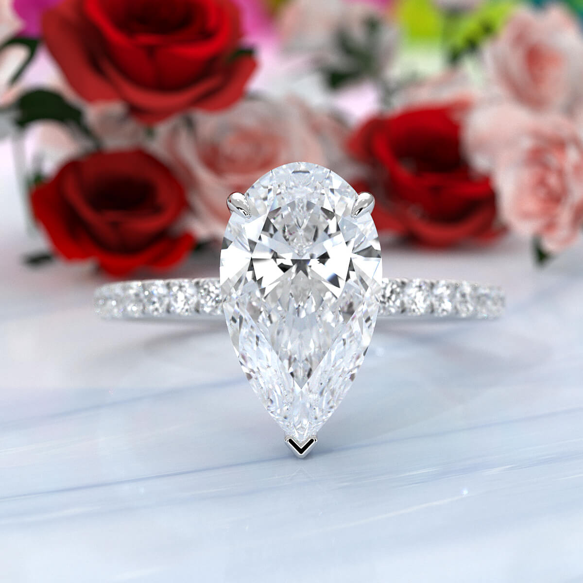 U cut french Pave set Hidden Halo Pear Diamond Engagement Ring 14k White Gold
