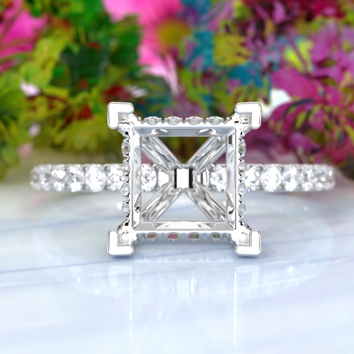 U Pave Set Hidden Halo Semi Mount Lab Grown Diamond Engagement Ring 0.48 Ct.