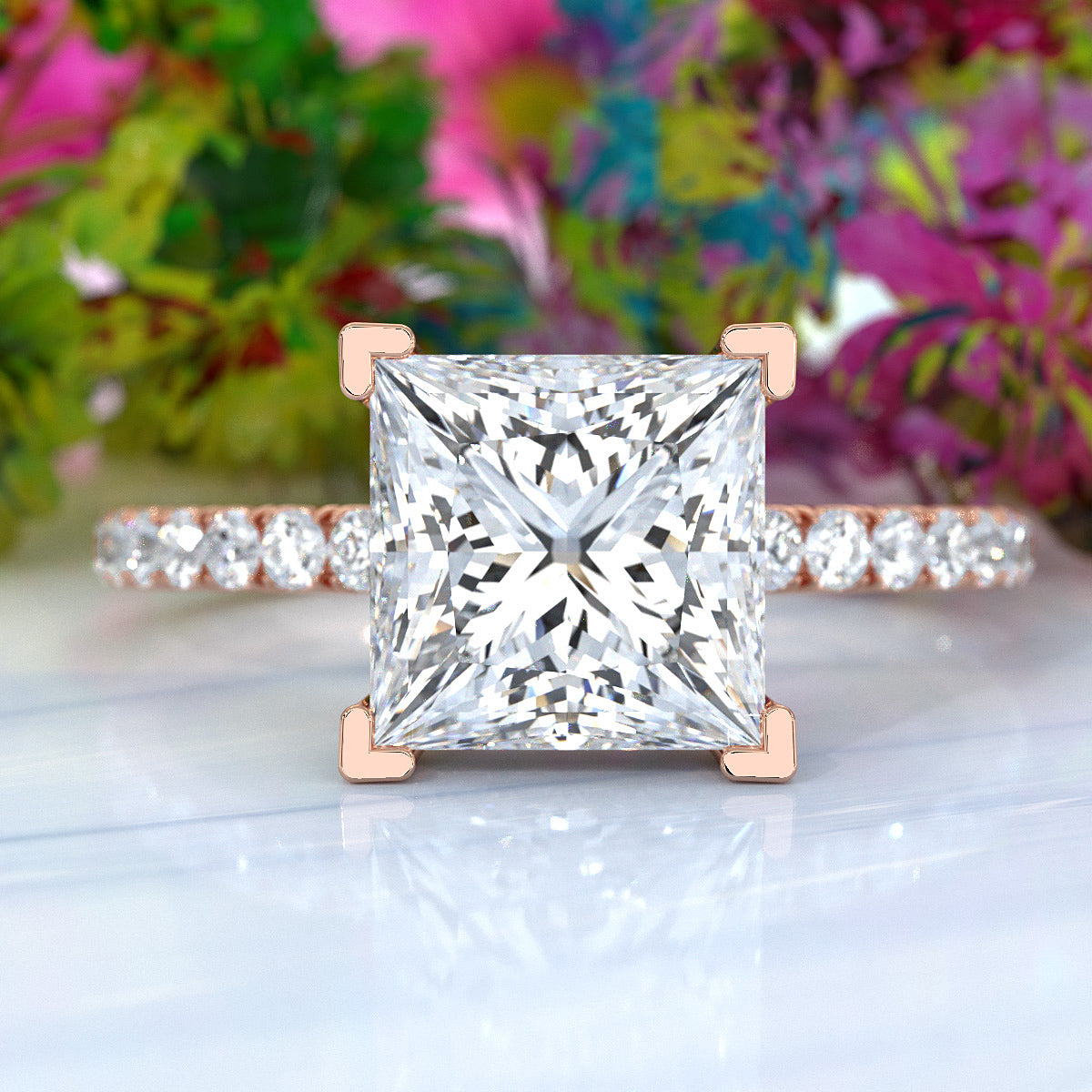 U cut french Pave set Hidden Halo Princess Diamond Engagement Ring 14k White Gold