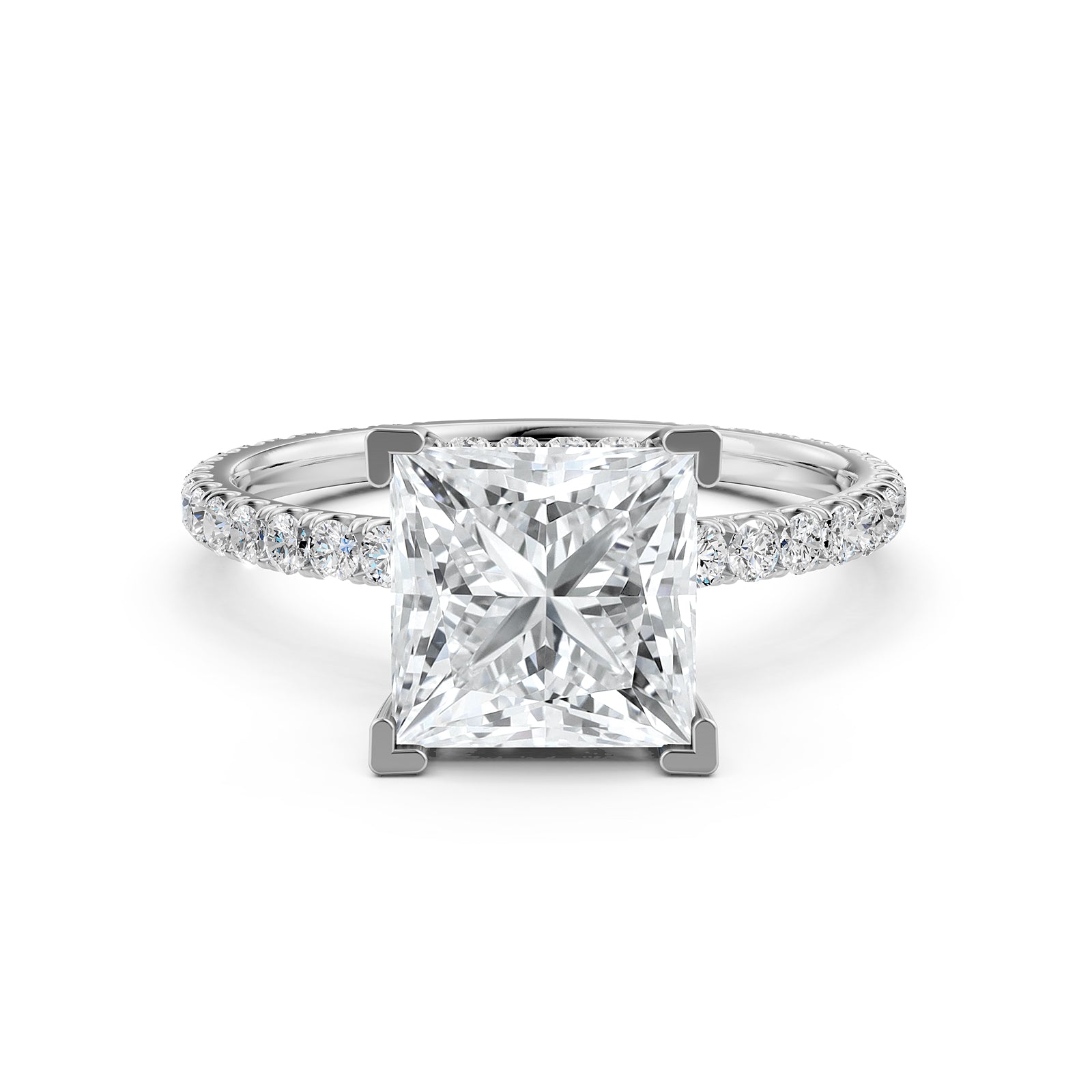 U cut french Pave set Hidden Halo Princess Diamond Engagement Ring 14k White Gold