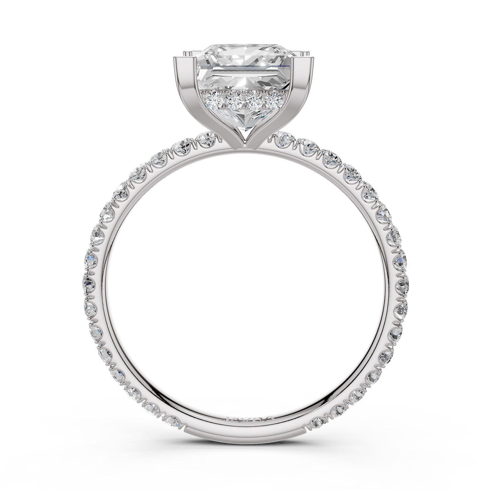 U cut french Pave set Hidden Halo Princess Diamond Engagement Ring 14k White Gold