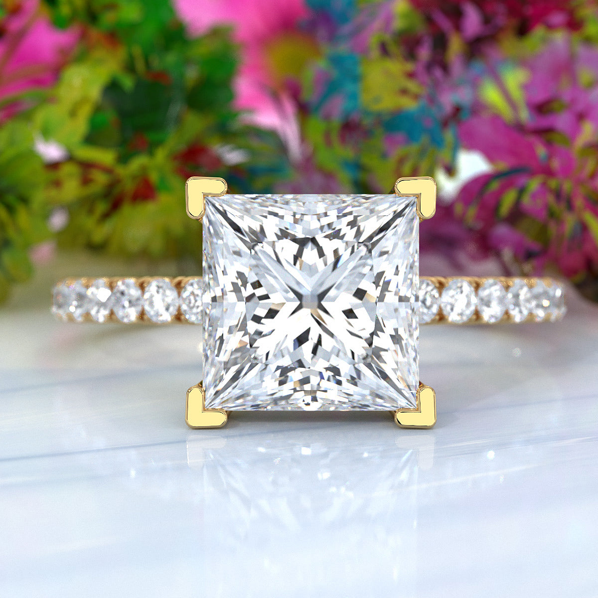 U cut french Pave set Hidden Halo Princess Diamond Engagement Ring 14k White Gold