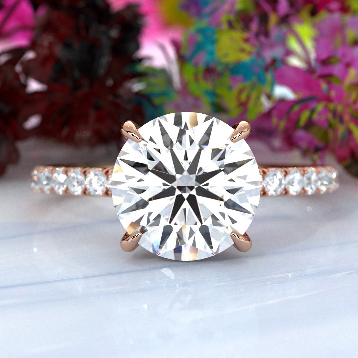 U cut french Pave set Hidden Halo Round Diamond Engagement Ring 14k White Gold