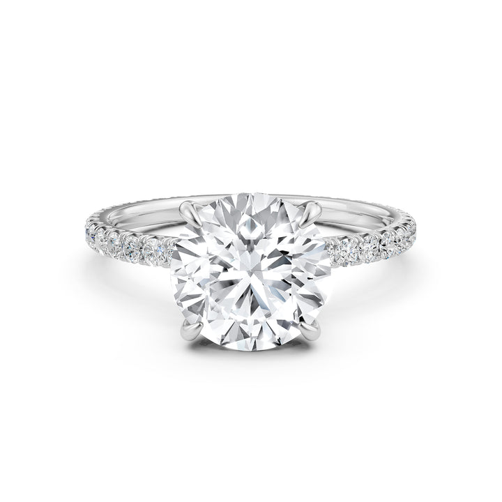 U cut french Pave set Hidden Halo Round Diamond Engagement Ring 14k White Gold