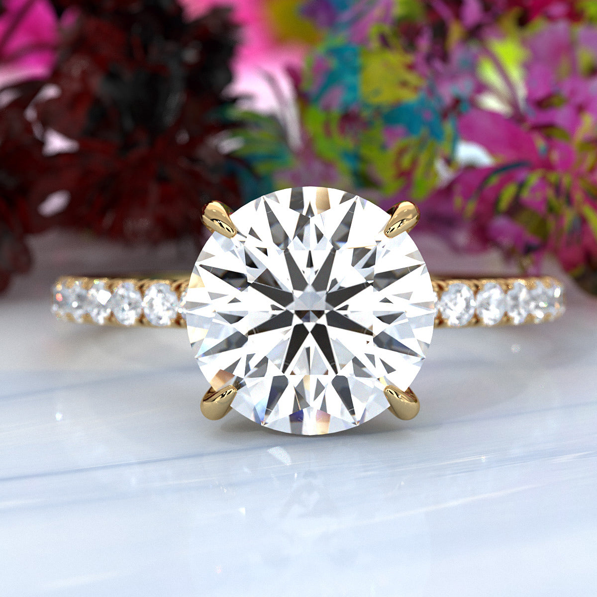 U cut french Pave set Hidden Halo Round Diamond Engagement Ring 14k White Gold