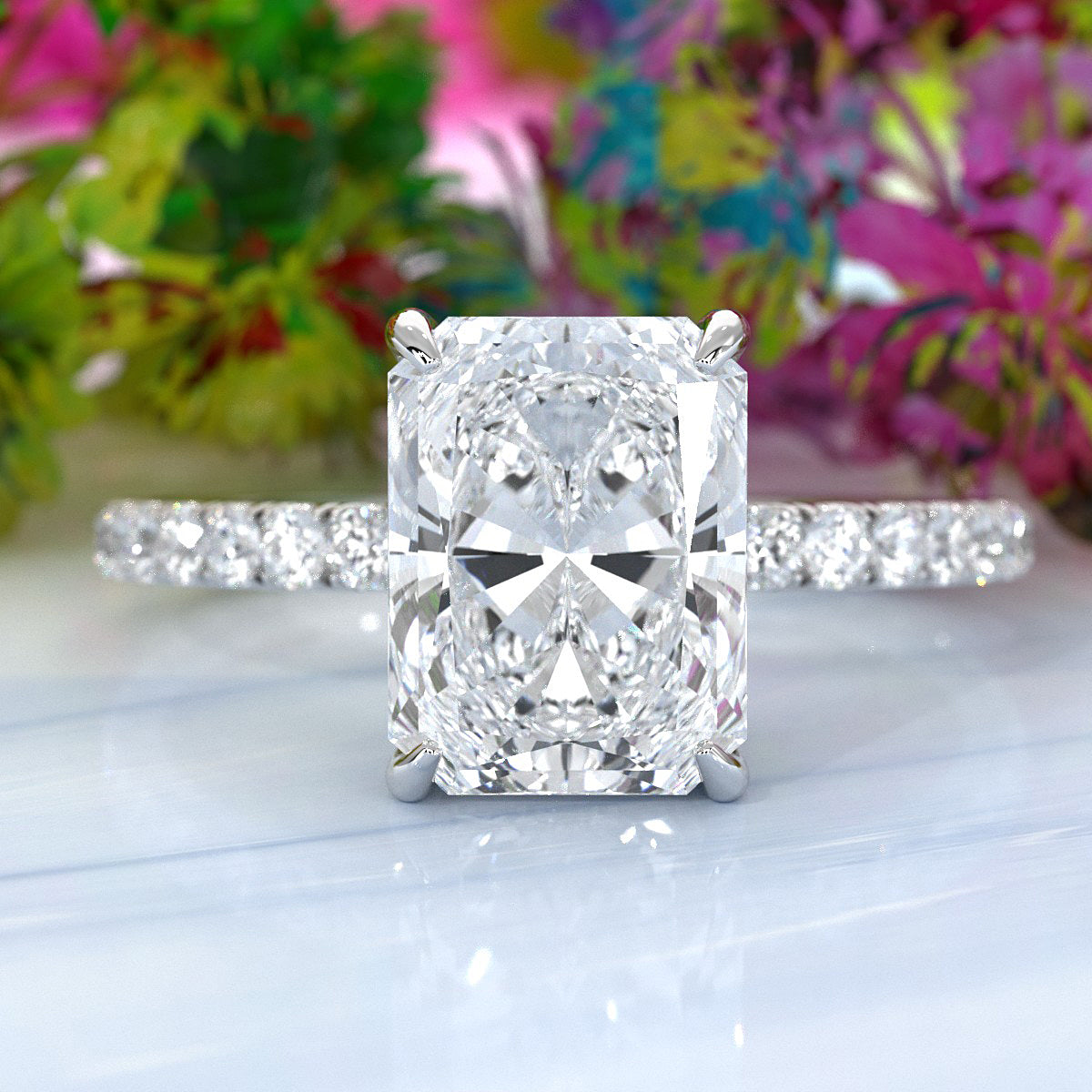 U cut french Pave set Hidden Halo Radiant Diamond Engagement Ring 14k White Gold