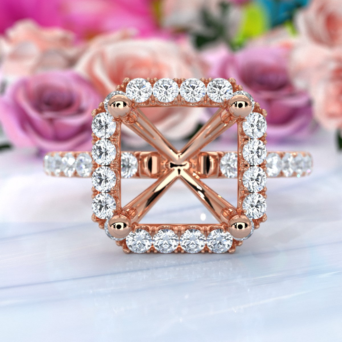 French Pave Set Halo Semi Mount Lab Grown Diamond Engagement Ring 0.59Ct.