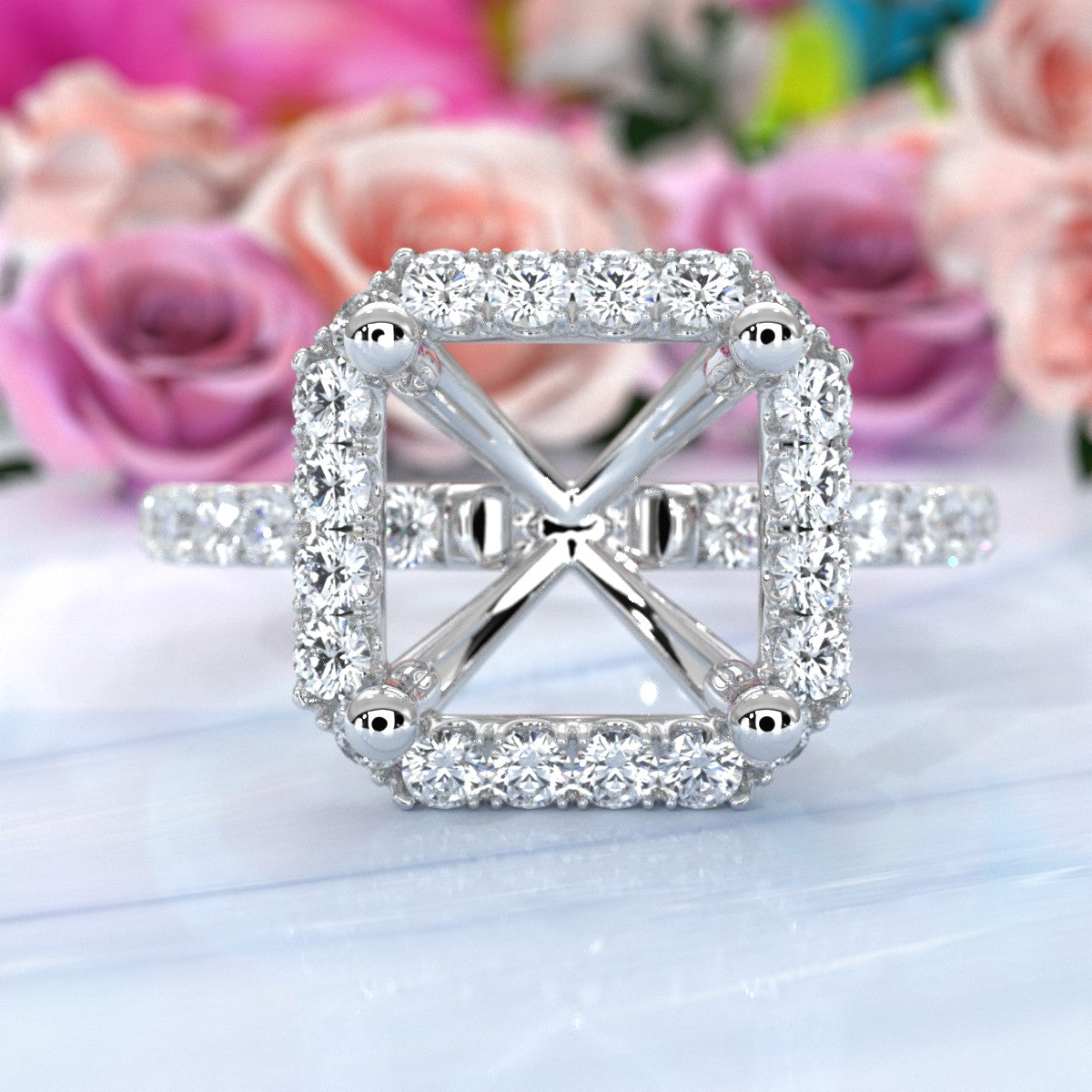 French Pave Set Halo Semi Mount Lab Grown Diamond Engagement Ring 0.59Ct.