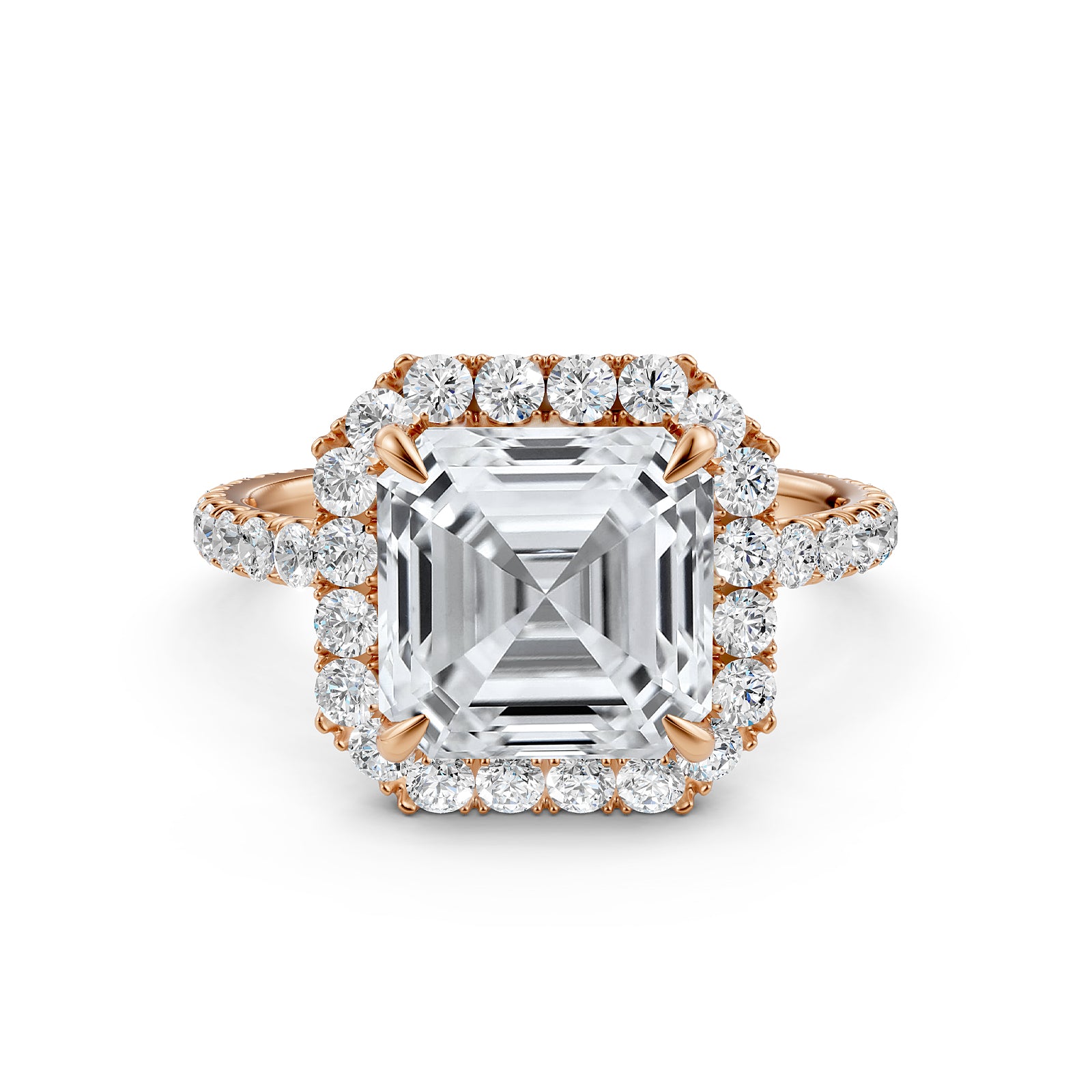 French U cut Pave Set Asscher Halo Diamond Engagement Ring 14k White Gold.