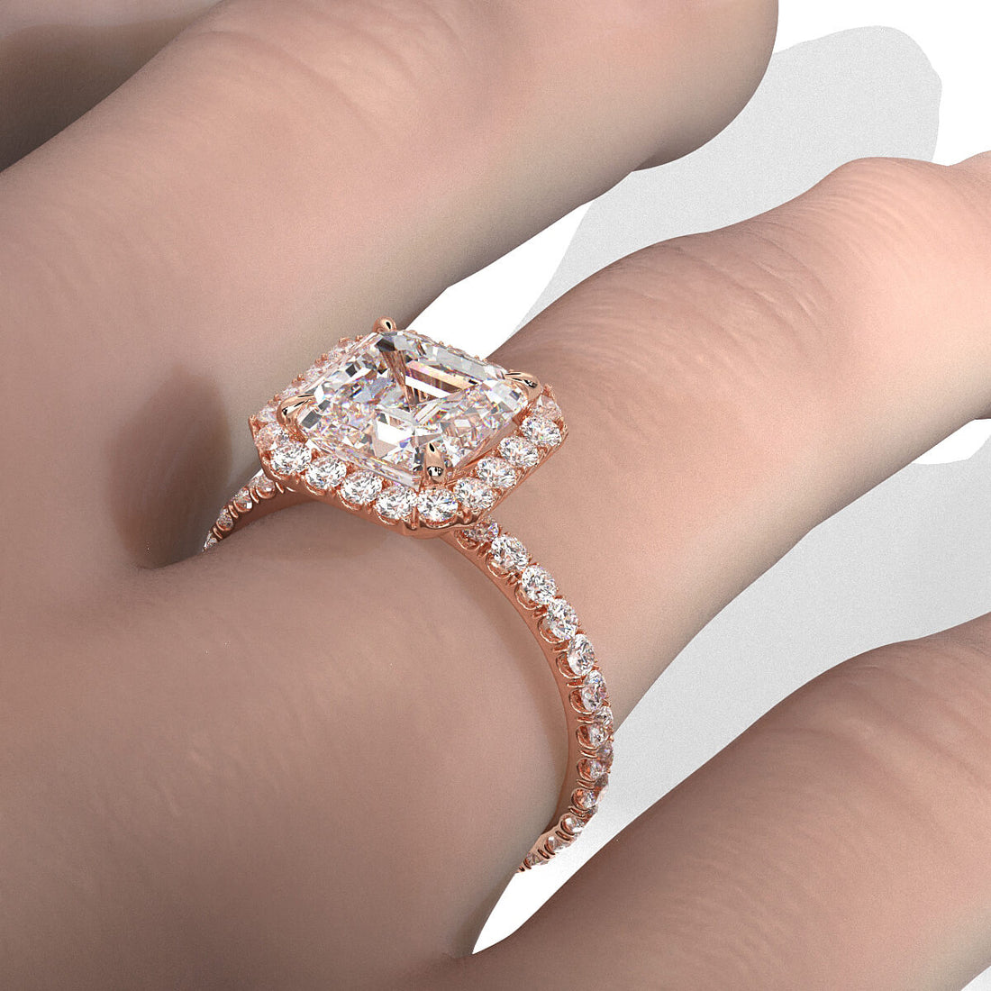 French U cut Pave Set Asscher Halo Diamond Engagement Ring 14k White Gold.