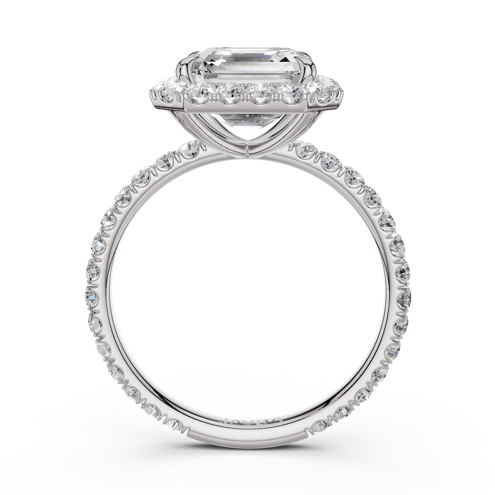French U cut Pave Set Asscher Halo Diamond Engagement Ring 14k White Gold.