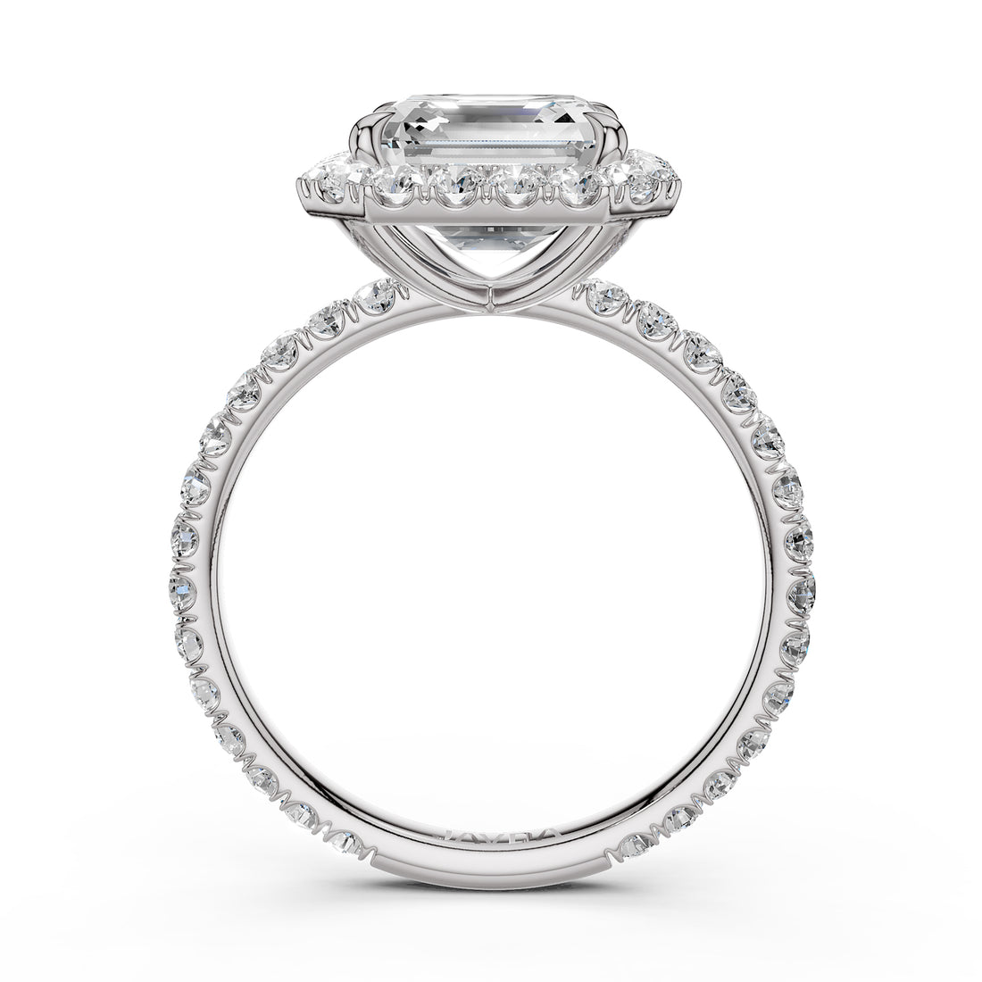 French U cut Pave Set Asscher Halo Diamond Engagement Ring 14k White Gold.