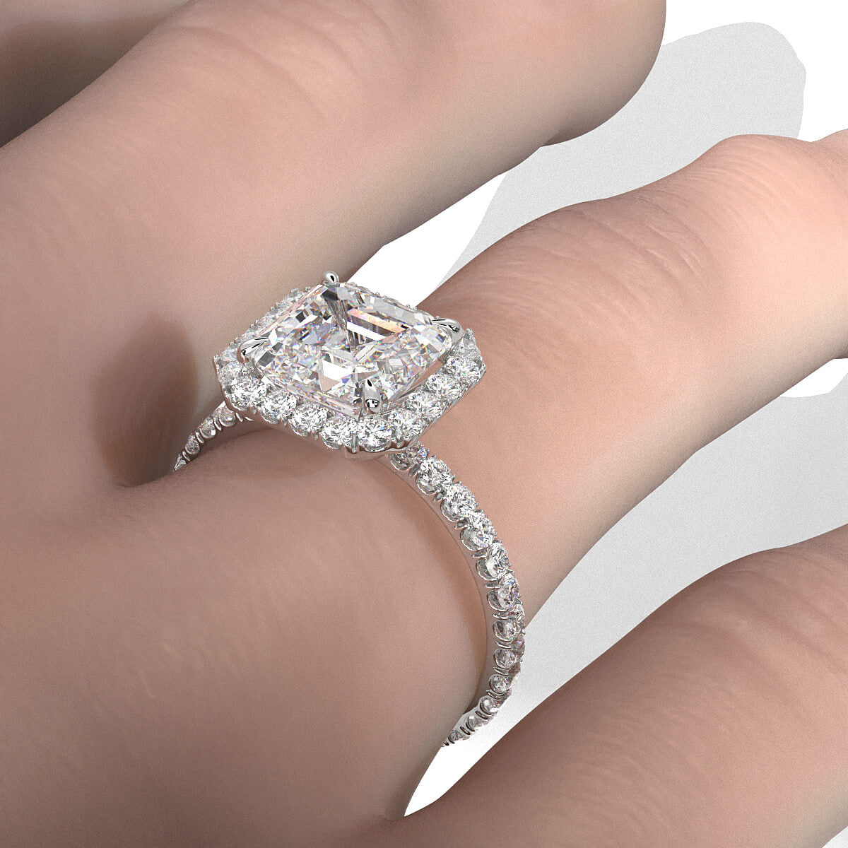 French U cut Pave Set Asscher Halo Diamond Engagement Ring 14k White Gold.