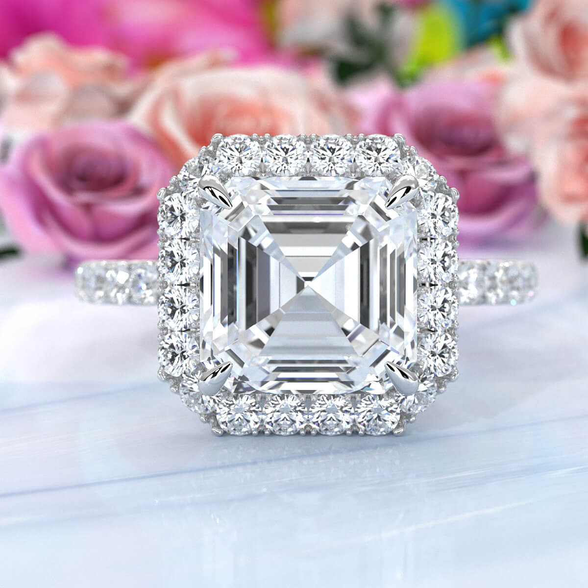 French U cut Pave Set Asscher Halo Diamond Engagement Ring 14k White Gold.