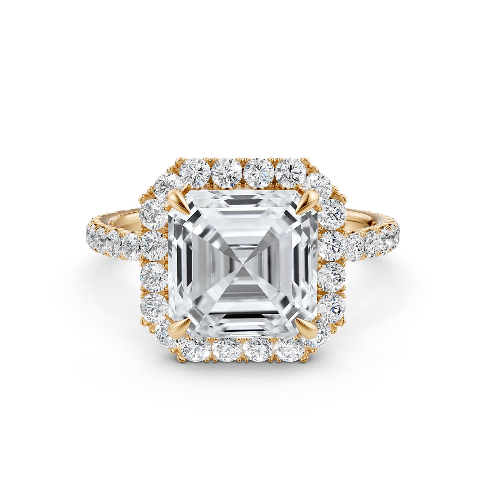 French U cut Pave Set Asscher Halo Diamond Engagement Ring 14k White Gold.