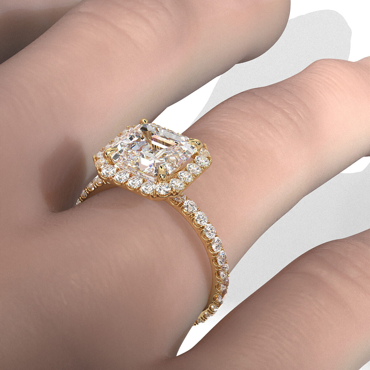 French U cut Pave Set Asscher Halo Diamond Engagement Ring 14k White Gold.