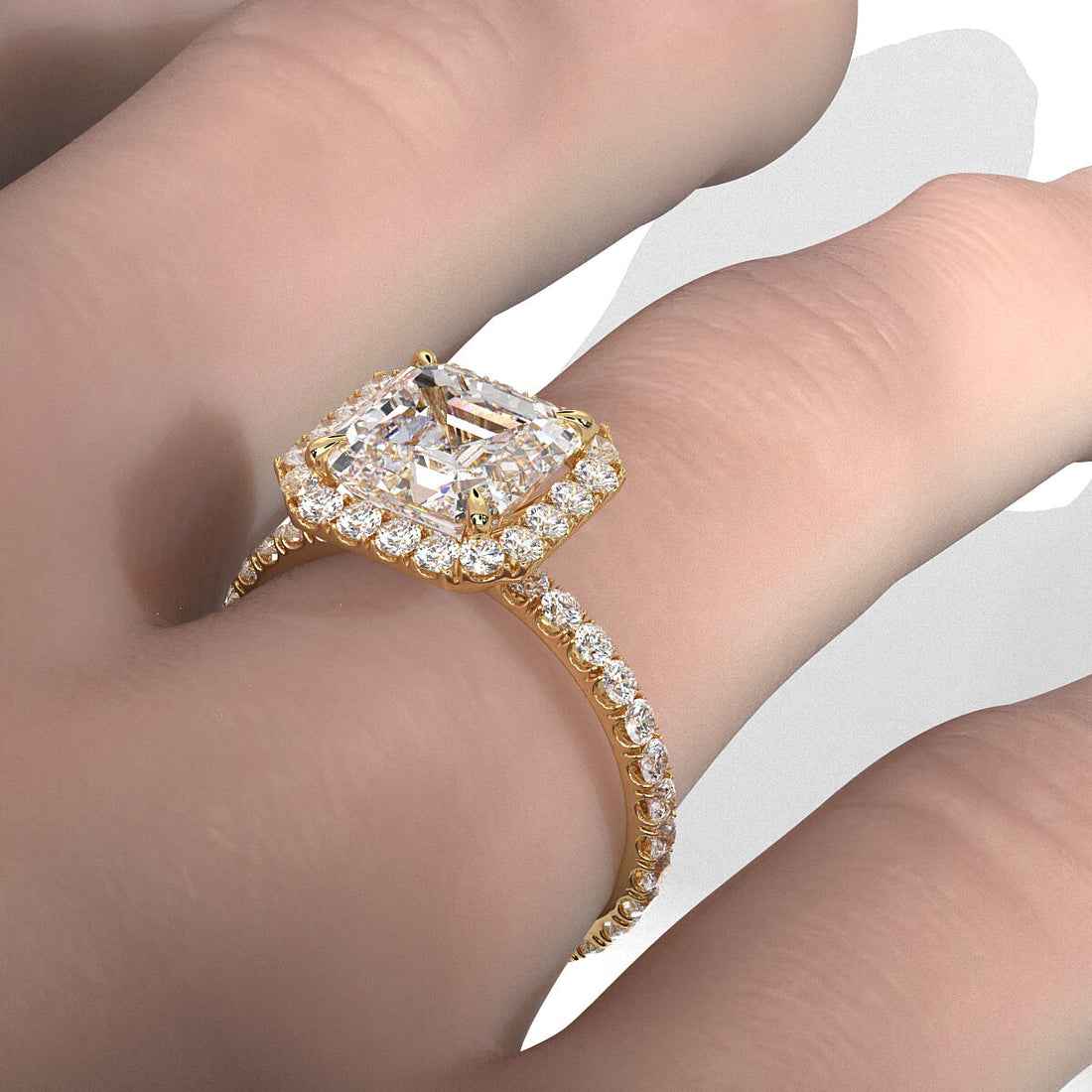 French U cut Pave Set Asscher Halo Diamond Engagement Ring 14k White Gold.