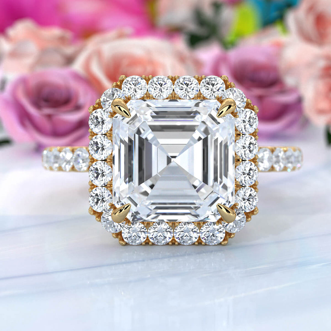 French U cut Pave Set Asscher Halo Diamond Engagement Ring 14k White Gold.