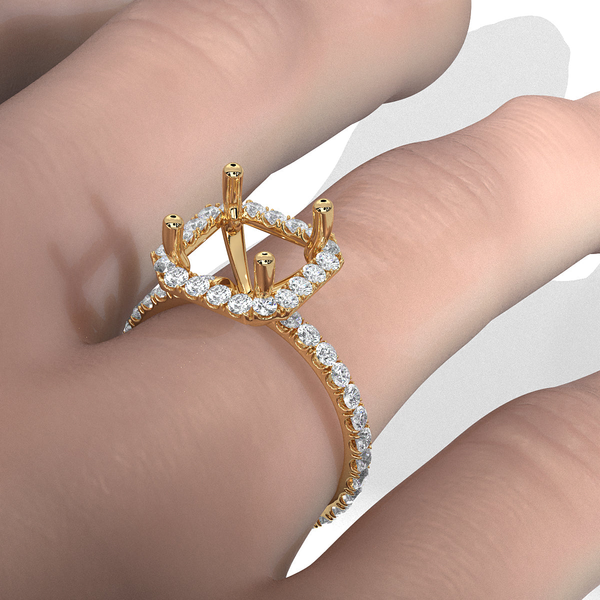 French Pave Set Halo Semi Mount Lab Grown Diamond Engagement Ring 0.59Ct.