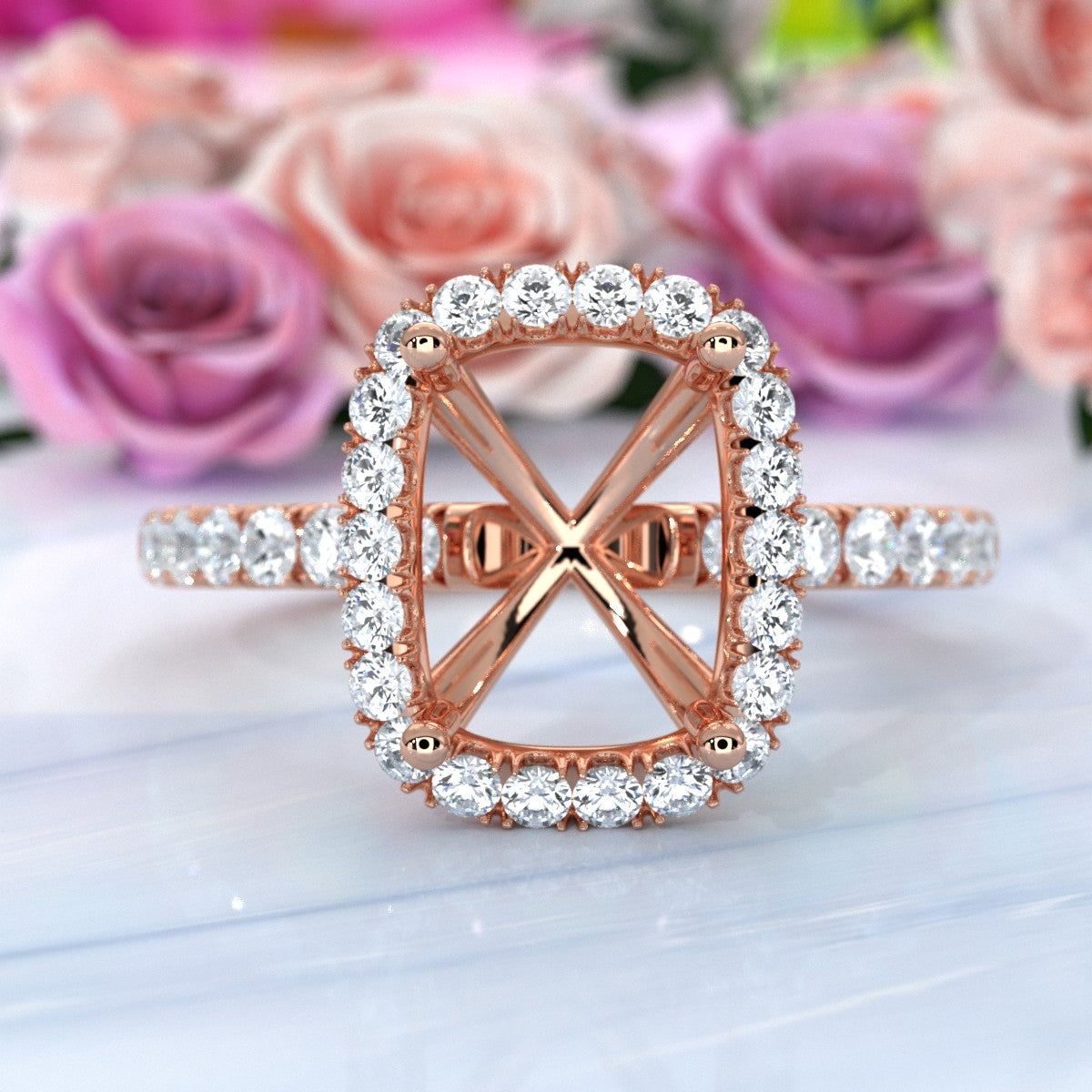 French Pave Set Halo Semi Mount Lab Grown Diamond Engagement Ring 0.59Ct.