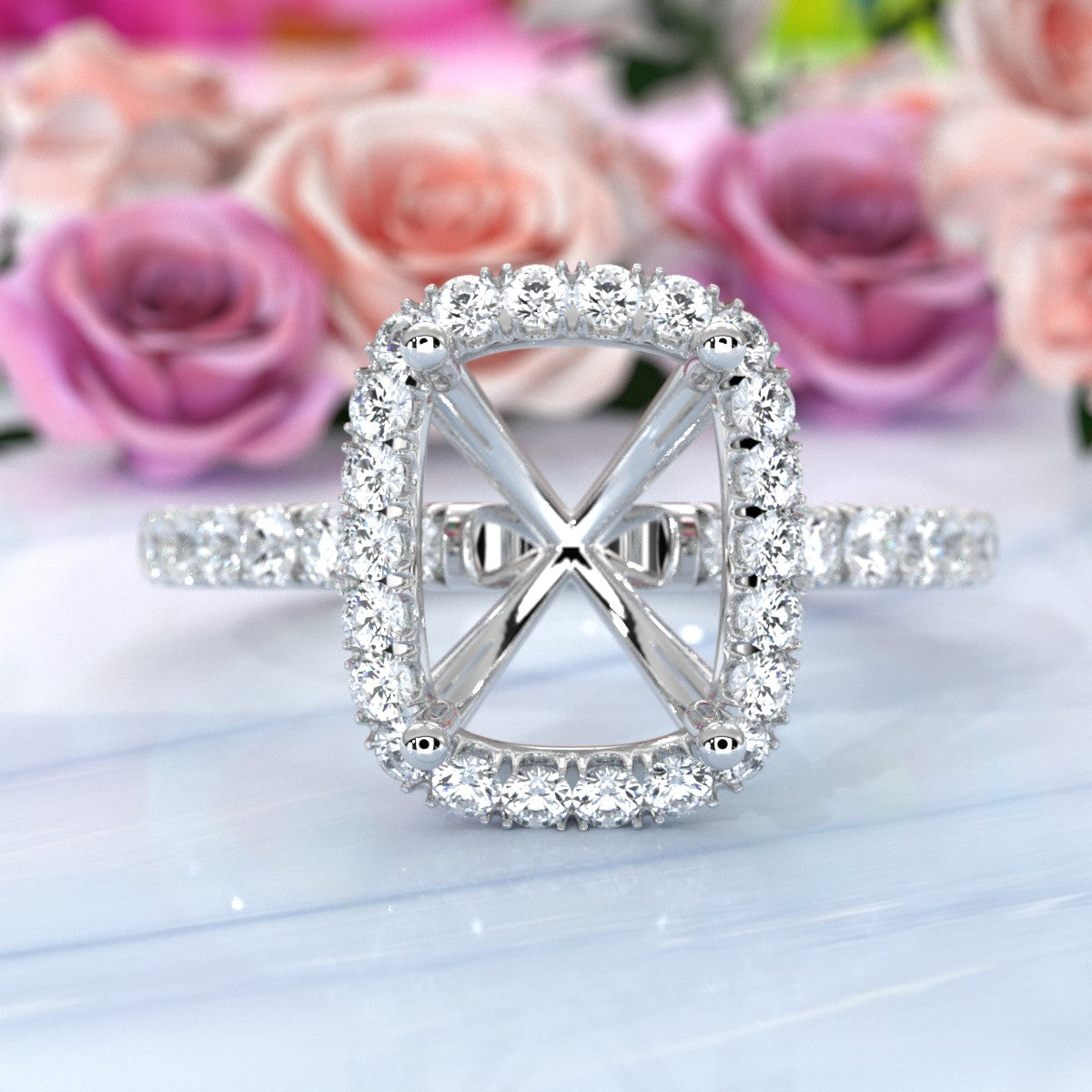 French Pave Set Halo Semi Mount Lab Grown Diamond Engagement Ring 0.59Ct.