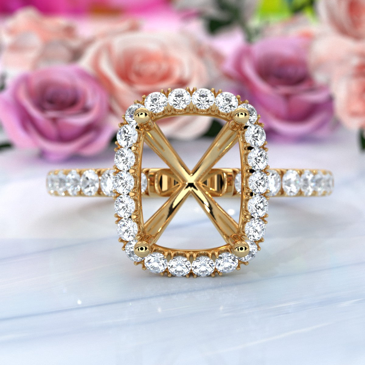 French Pave Set Halo Semi Mount Lab Grown Diamond Engagement Ring 0.59Ct.