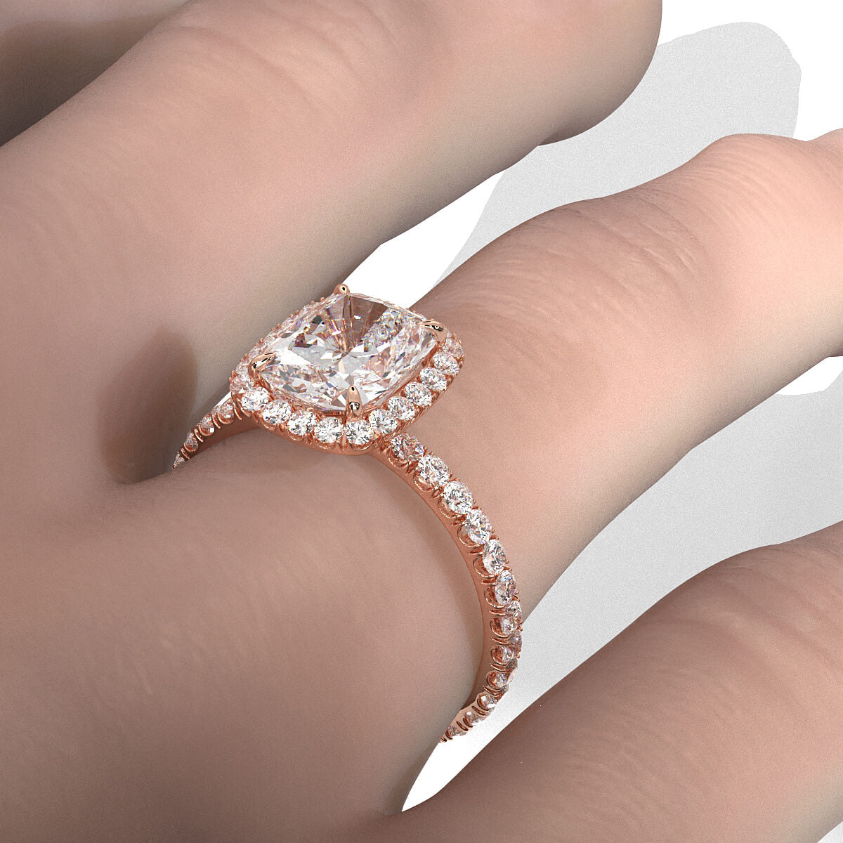 French U Cut Pave Set Halo Cushion Lab Grown Diamond Engagement Ring