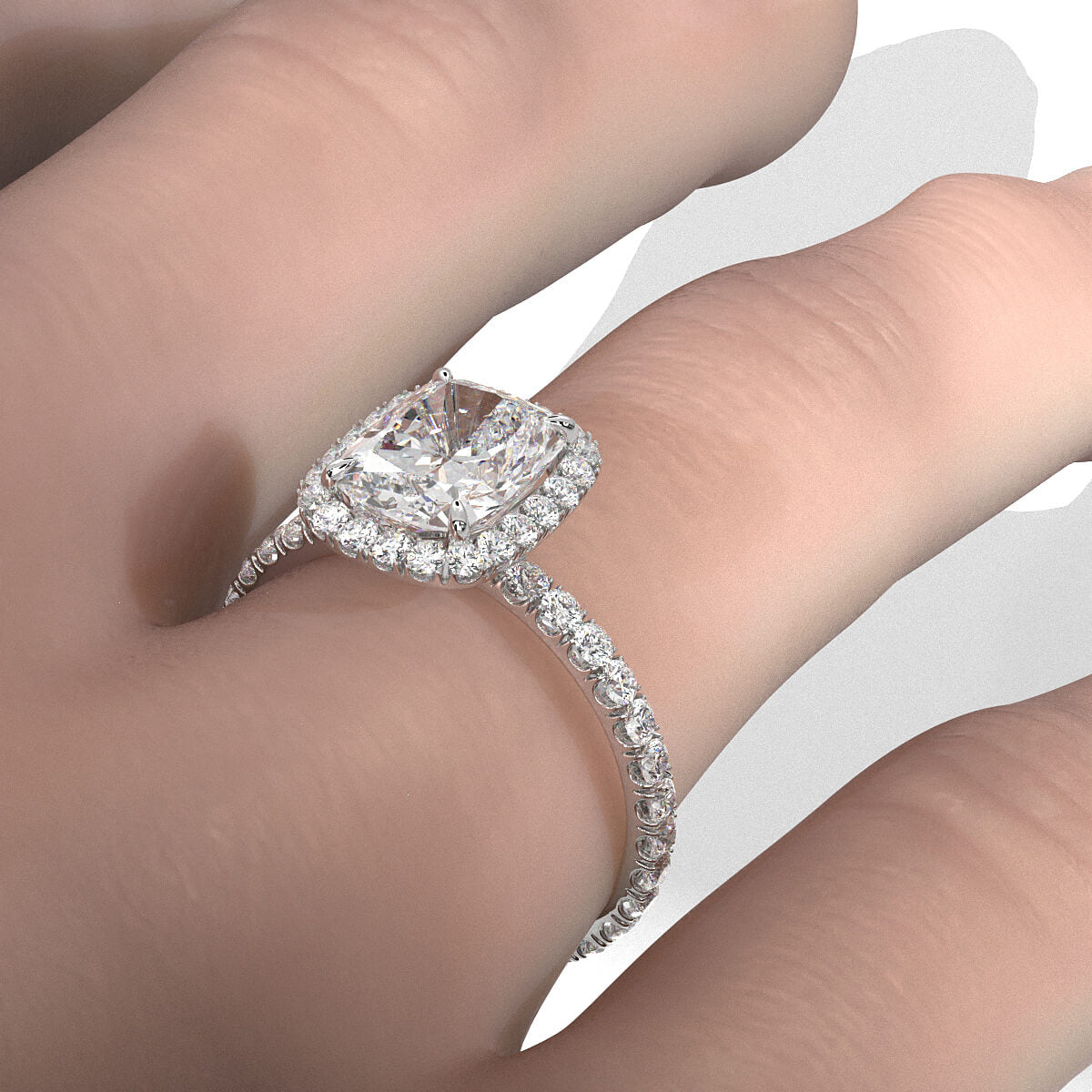 French U Cut Pave Set Halo Cushion Lab Grown Diamond Engagement Ring