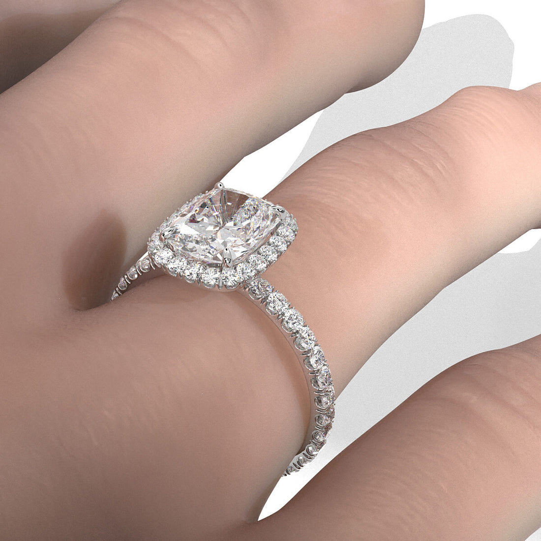 French U Cut Pave Set Halo Cushion Lab Grown Diamond Engagement Ring